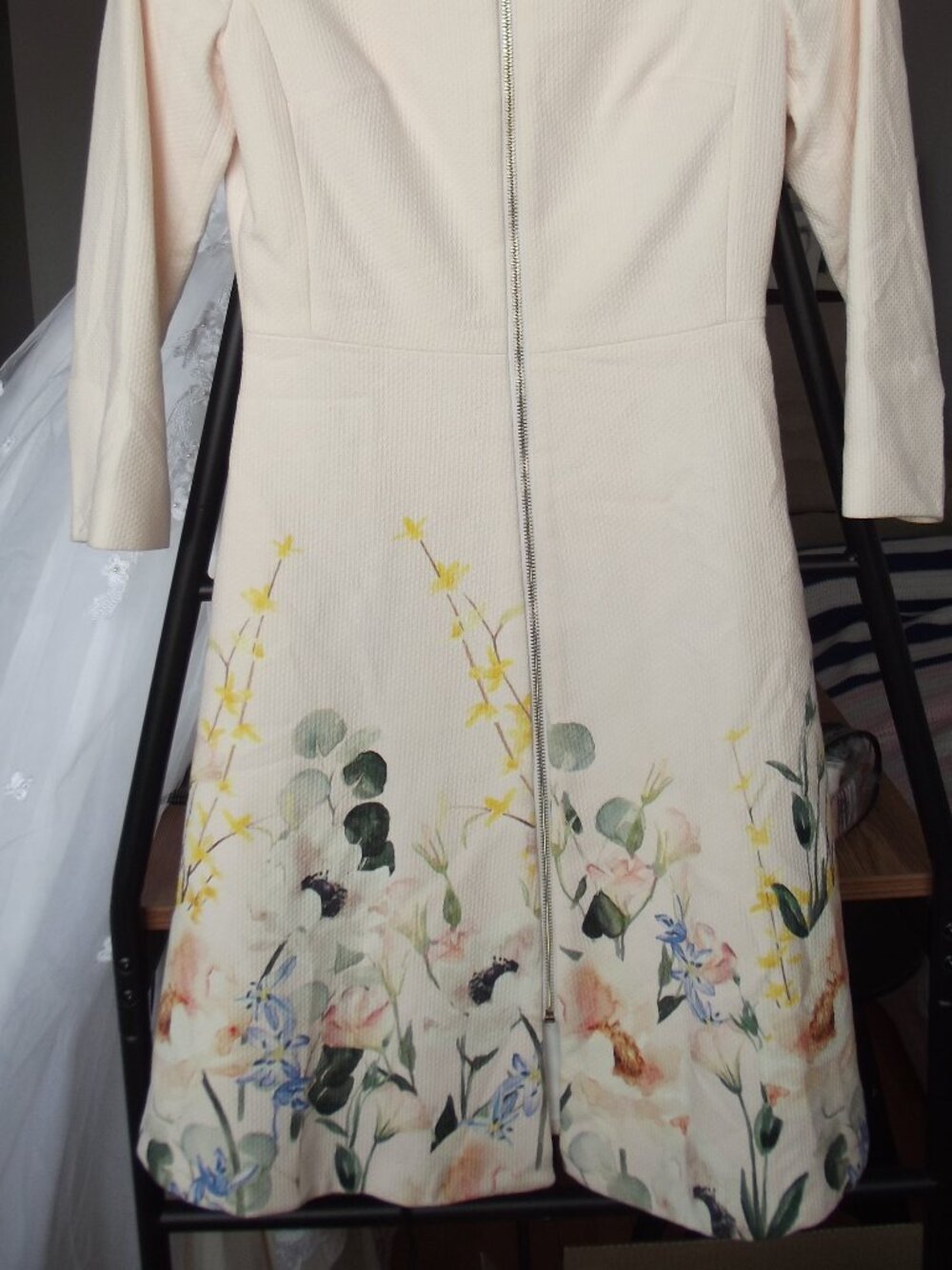 Ted Baker London Cream Floral Fit-and-Flare Long Sleeve Dress